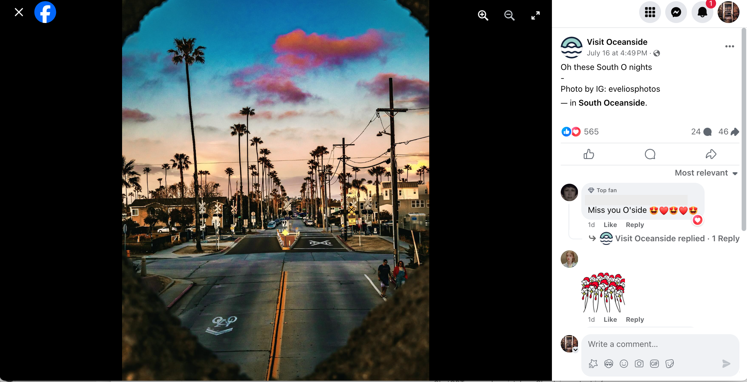 Facebook post advertises for Oceanside, California with an image of a street at sunset with palm trees